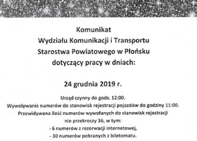Komunikat Wydziału Komunikacji i Transportu starostwa Powiatowego w Płońsku