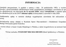 INFORMACJA DOTYCZĄCA  ZEZWOLEŃ NA SPRZEDAŻ NAPOJÓW ALKOHOLOWYCH   