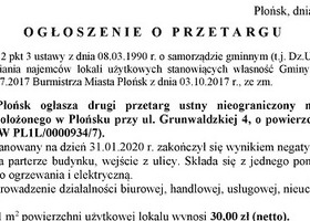 Ogłoszenie o drugim przetargu ustnym nieograniczonym na wyłonienie najemcy lokalu użytkowego, położonego w Płońsku przy ul. Grunwaldzkiej 4