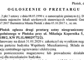 Ogłoszenie o drugim przetargu ustnym nieograniczonym na wyłonienie najemcy lokalu użytkowego, położonego w Płońsku przy ul. Mikołaja Kopernika 5