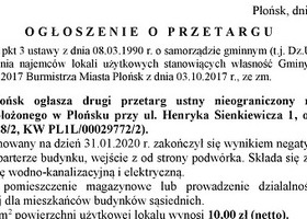 Ogłoszenie o drugim przetargu ustnym nieograniczonym na wyłonienie najemcy lokalu użytkowego, położonego w Płońsku przy ul. Henryka Sienkiewicza 1