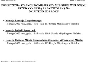 Posiedzenia Stałych Komisji Rady Miejskiej w Płońsku przed XXV sesją rady zwołaną na 20 lutego 2020 r.