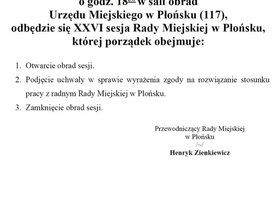 Porządek obrad XXVI sesji Rady Miejskiej