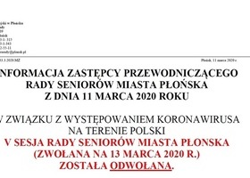 Informacja dotycząca odwołania V sesji Rady Seniorów Miasta Płońska