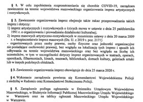 Zarządzenie Wojewody Mazowieckiego w sprawie zawieszenia organizowania imprez artystycznych i rozrywkowych na terenie województwa mazowieckiego